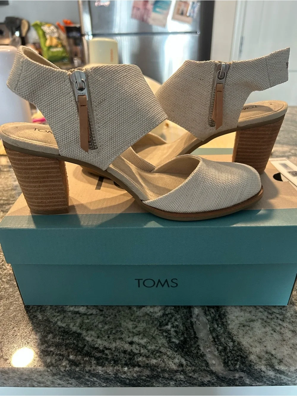 TOMS Cream Canvas Block Heel Sandals with Side Zipper